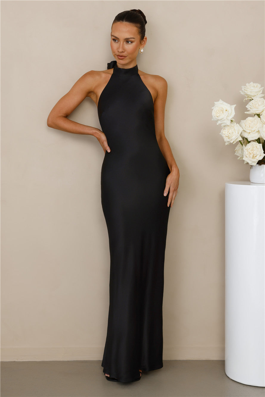 The Cleo Halter Satin Maxi Dress Black