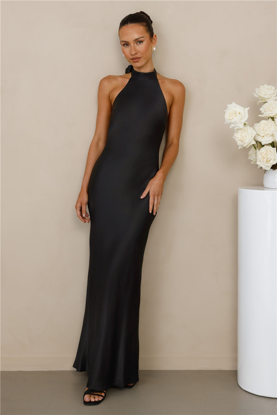 The Cleo Halter Satin Maxi Dress Black