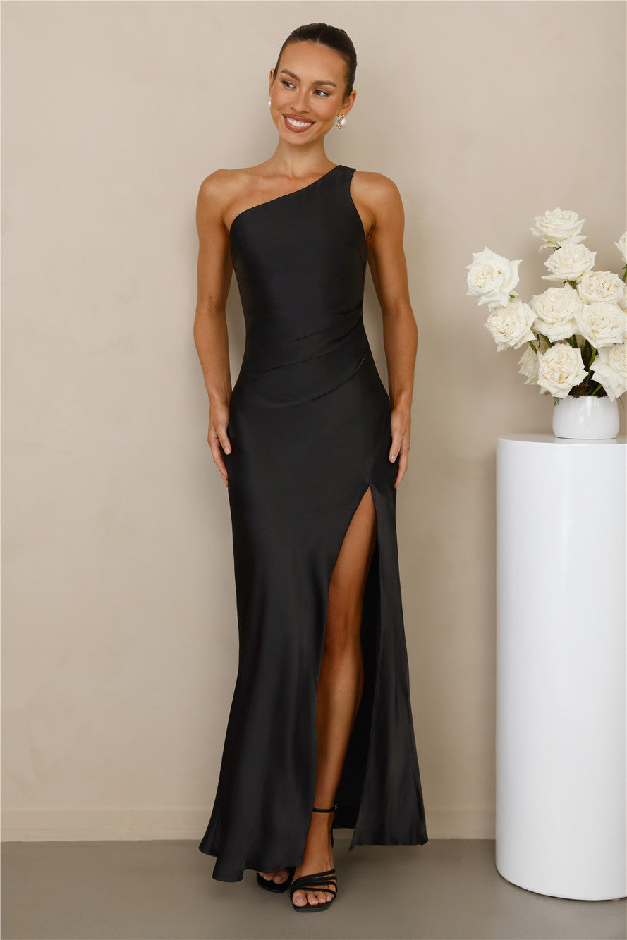 The Aurora One Shoulder Satin Maxi Dress Black