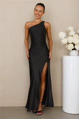 The Aurora One Shoulder Satin Maxi Dress Black