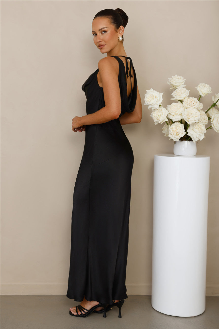 The Loretta Cowl Satin Maxi Dress Black