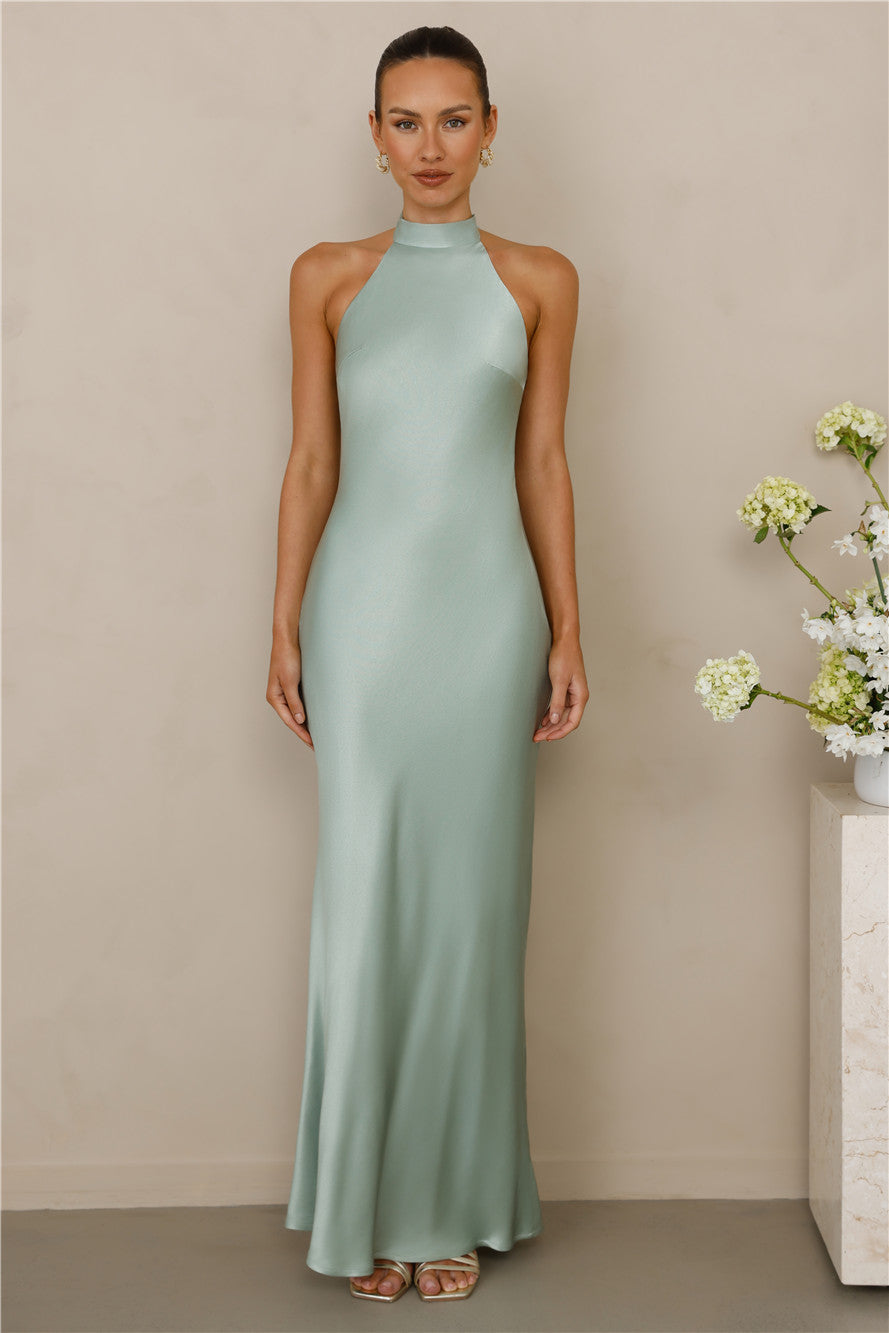 The Cleo Halter Satin Maxi Dress Sage