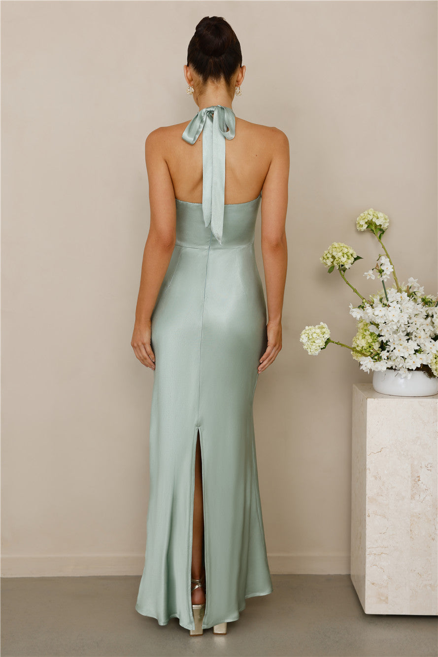 The Cleo Halter Satin Maxi Dress Sage