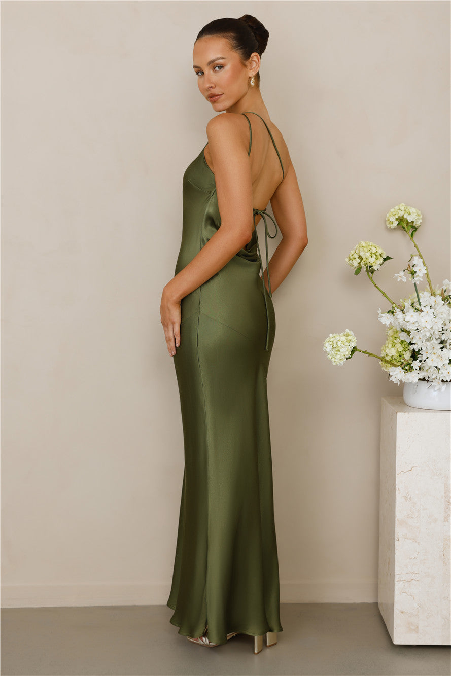 The Evangeline One Shoulder Satin Maxi Dress Olive