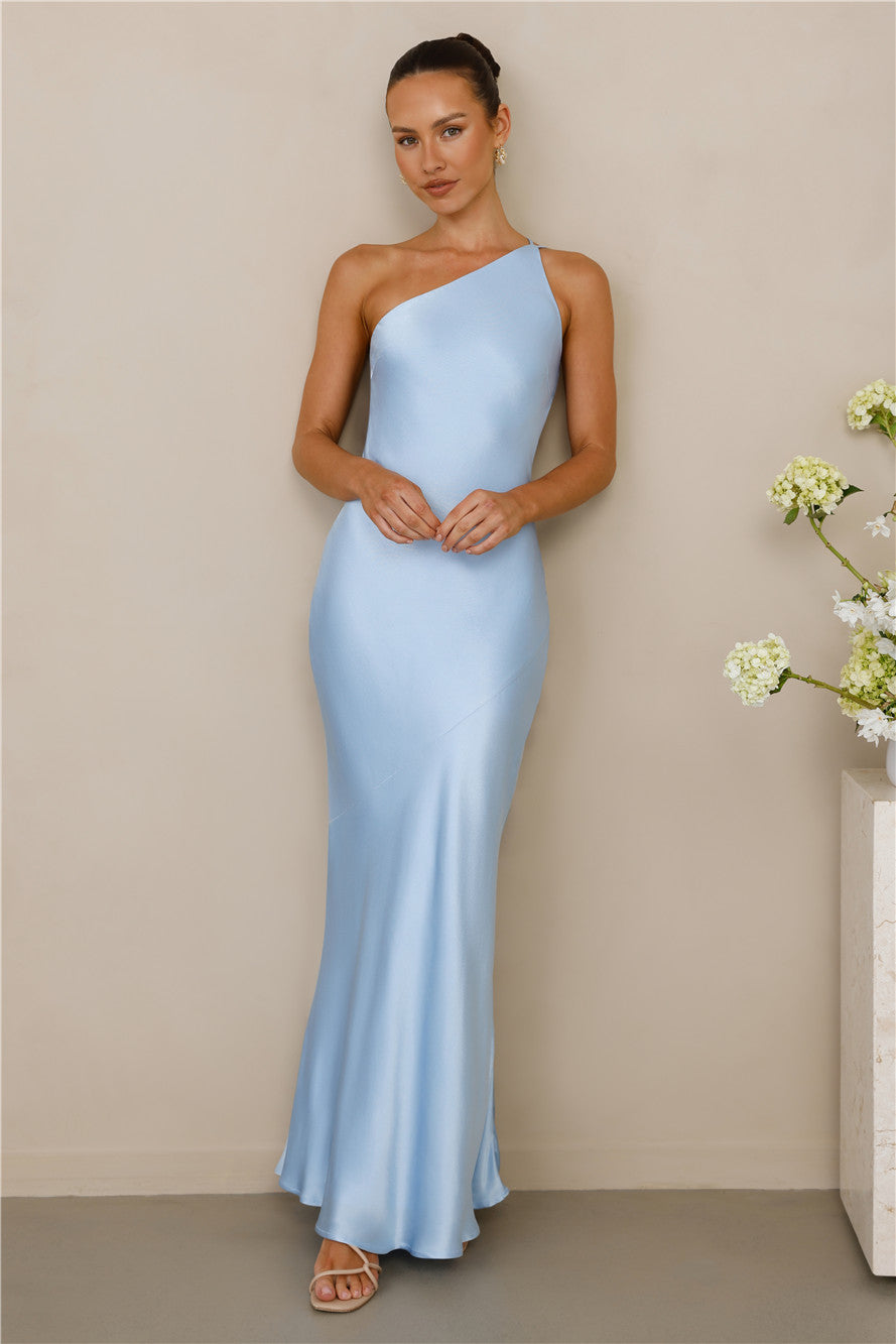 The Evangeline One Shoulder Satin Maxi Dress Blue