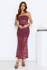 Crystal Veil Lace Strapless Maxi Dress Plum