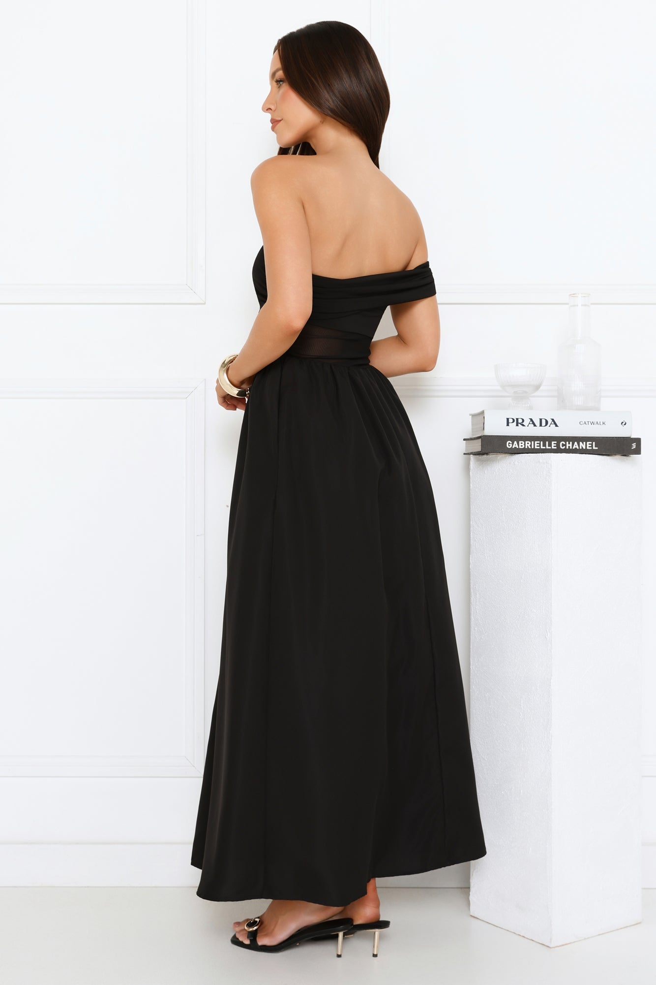 Luxe Whimsy Off Shoulder Maxi Dress Black