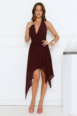 Cherry Petal Kiss Halter Midi Dress Burgundy