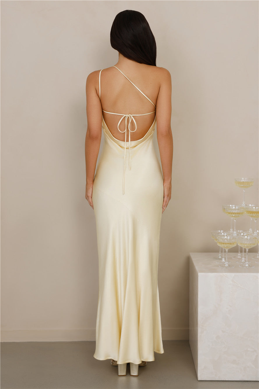 The Evangeline One Shoulder Satin Maxi Dress Yellow