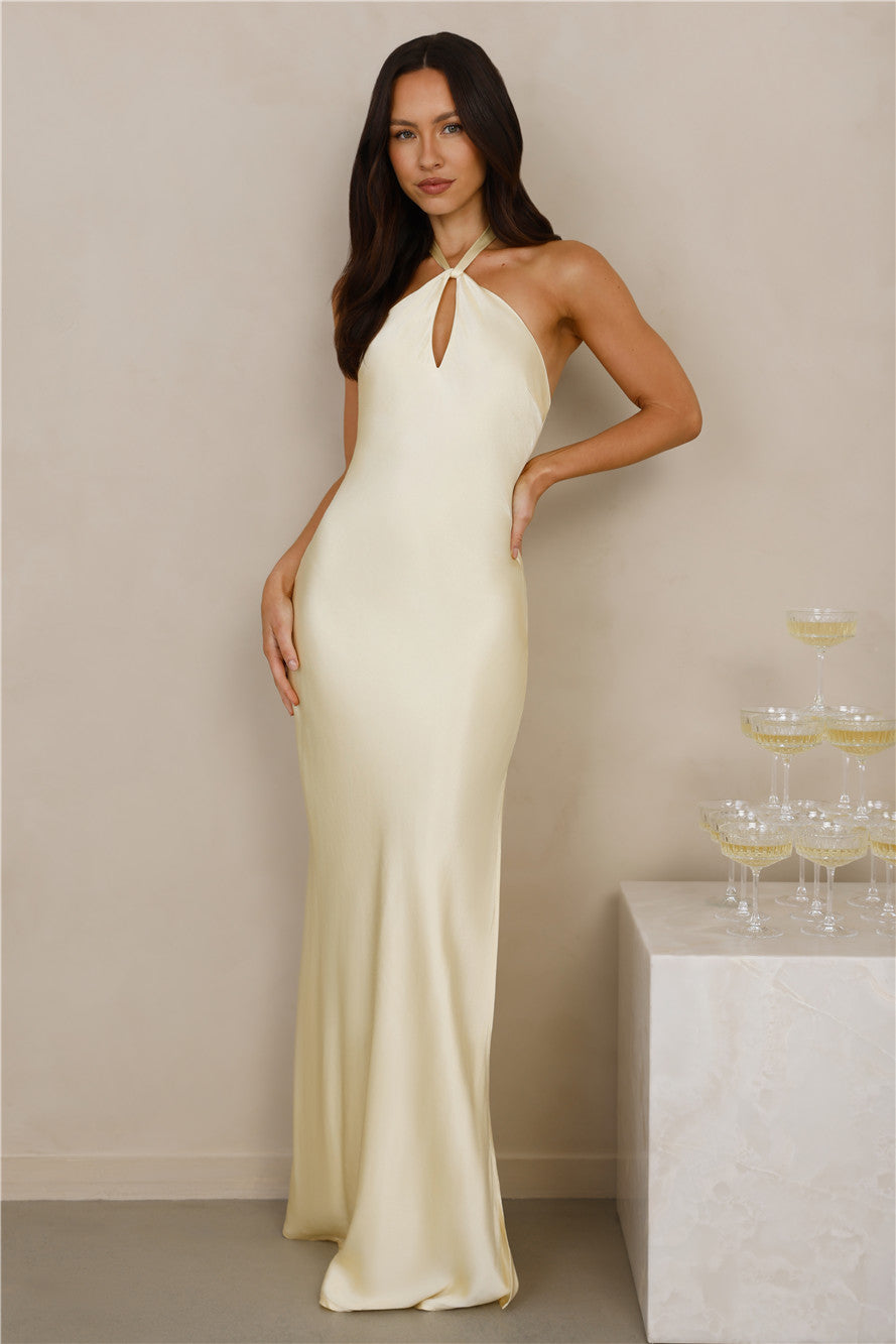 The Delilah Satin Halter Maxi Dress Yellow