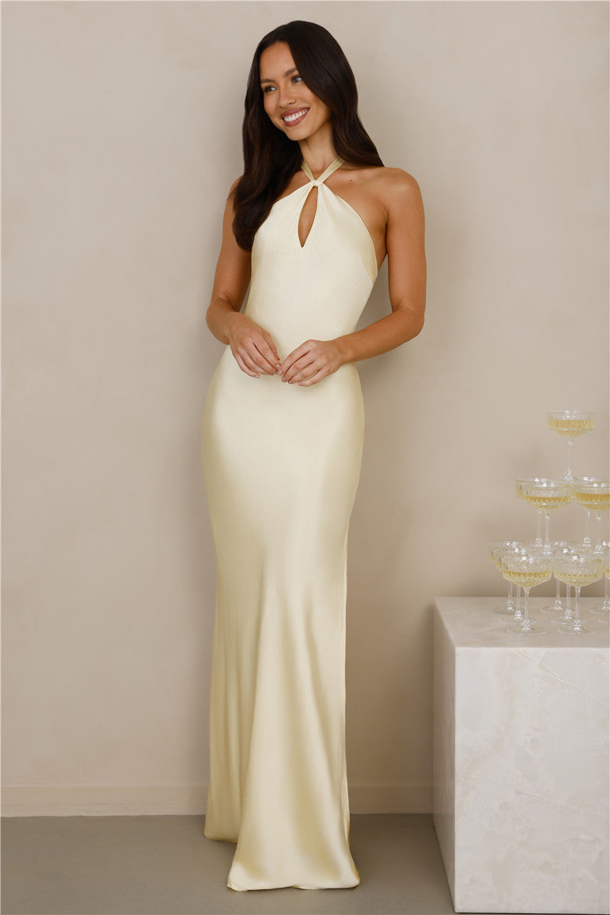 The Delilah Satin Halter Maxi Dress Yellow