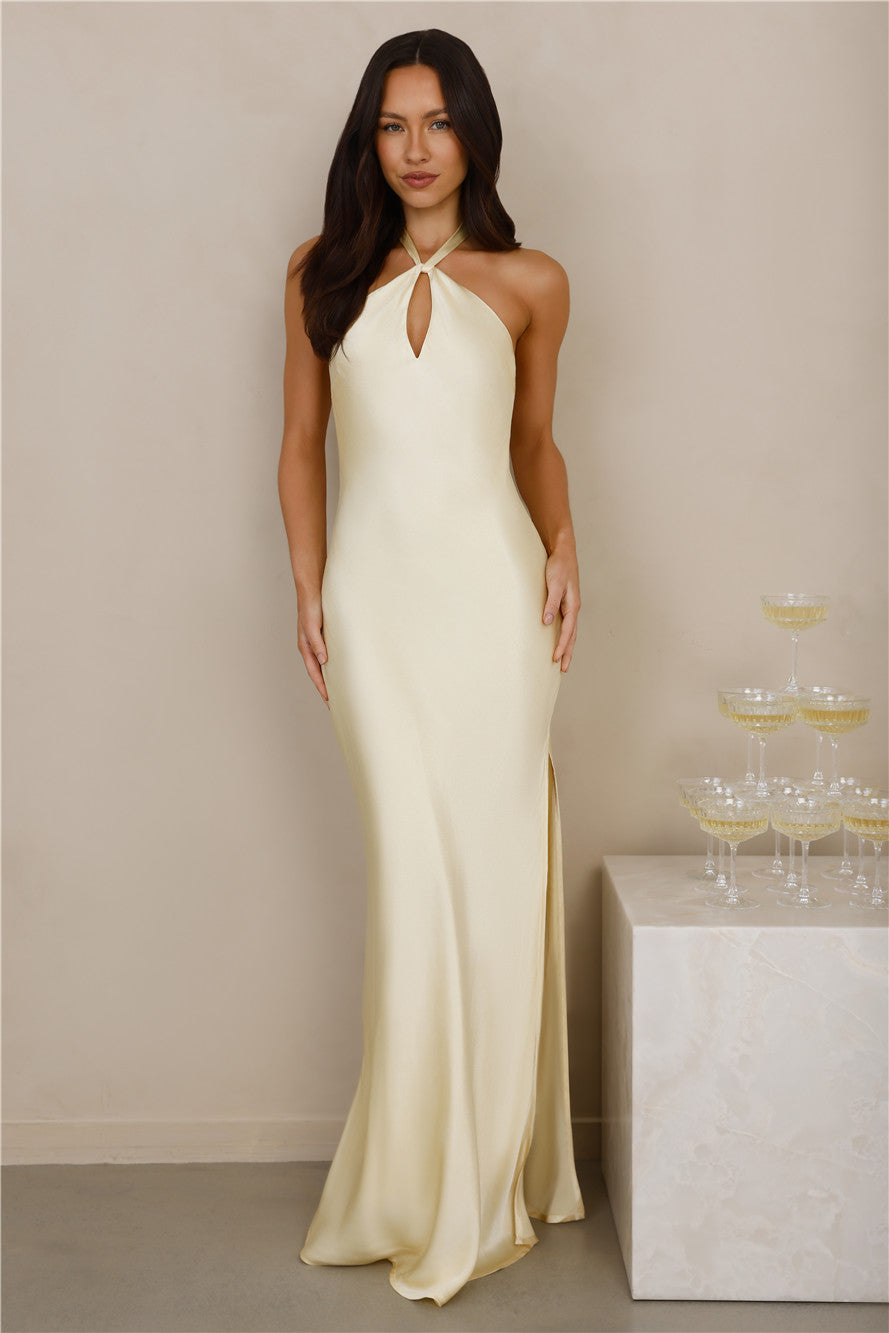 The Delilah Satin Halter Maxi Dress Yellow
