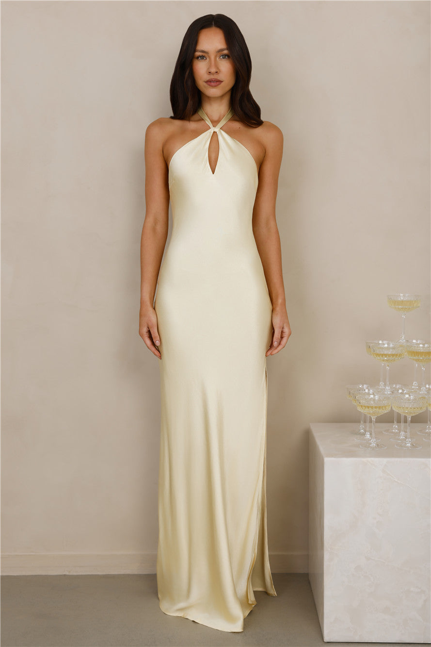 The Delilah Satin Halter Maxi Dress Yellow