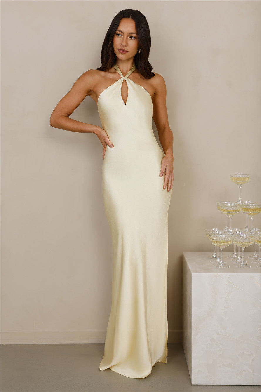 The Delilah Satin Halter Maxi Dress Yellow