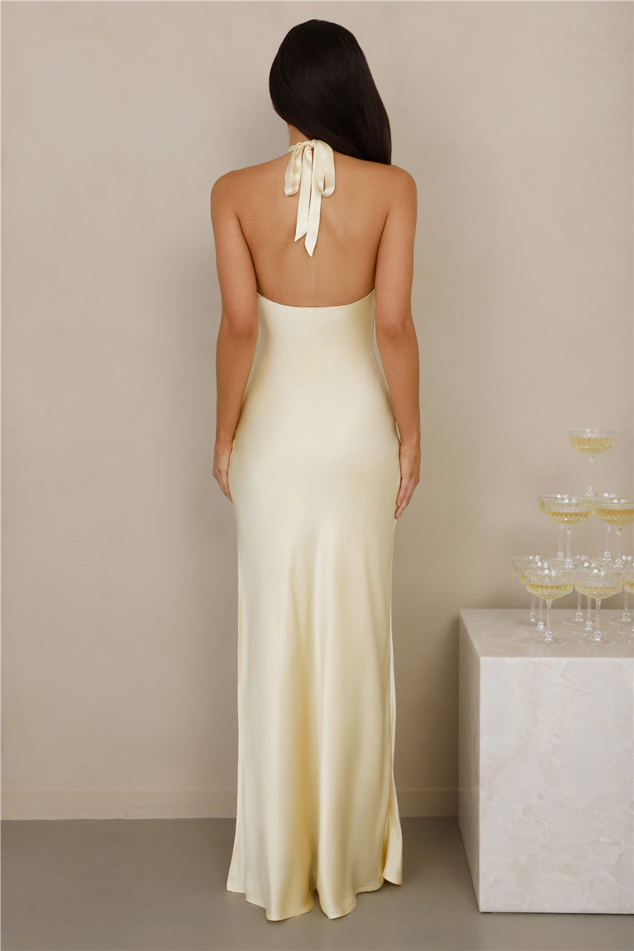 The Delilah Satin Halter Maxi Dress Yellow