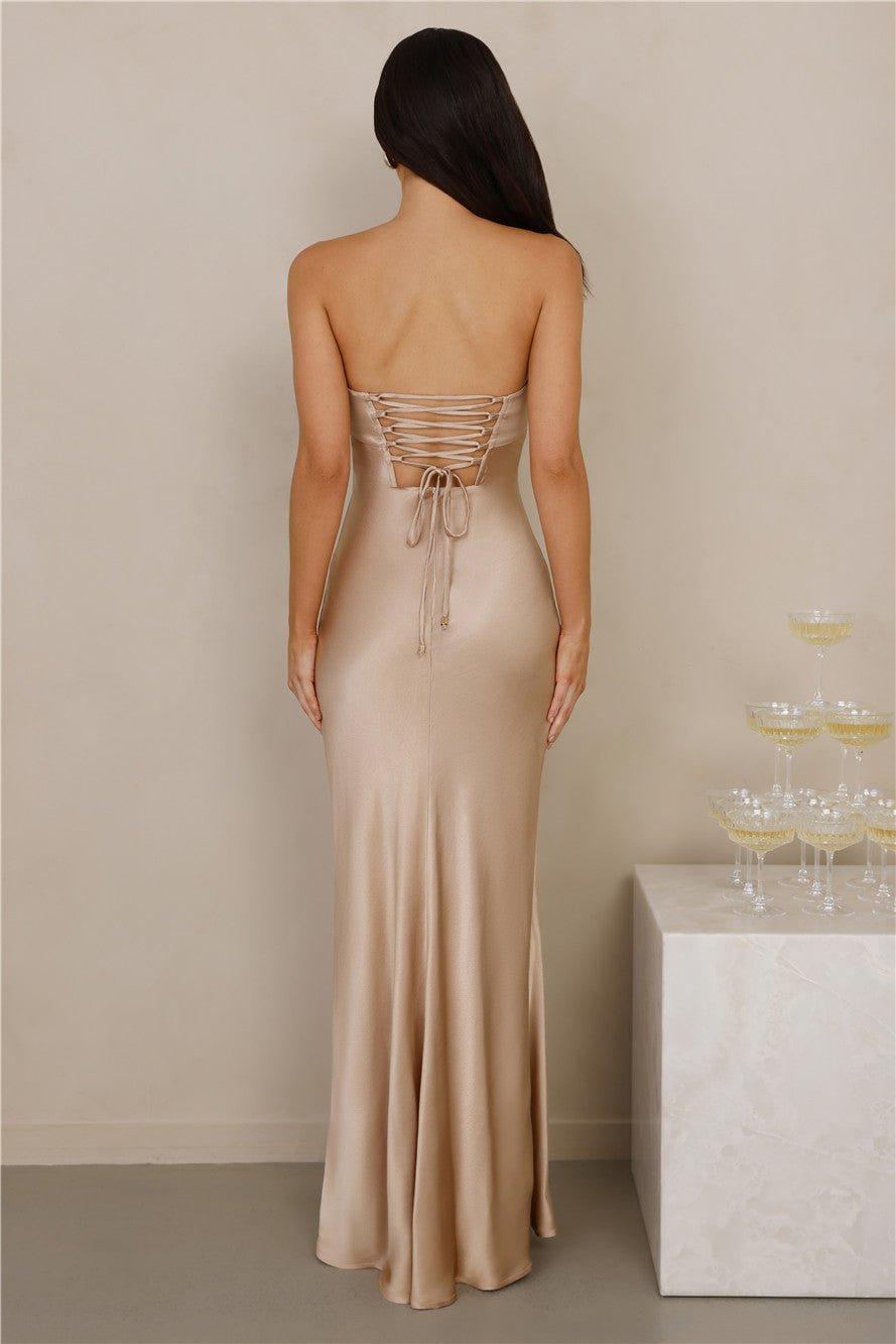 The Seraphina Strapless Satin Maxi Dress Champagne