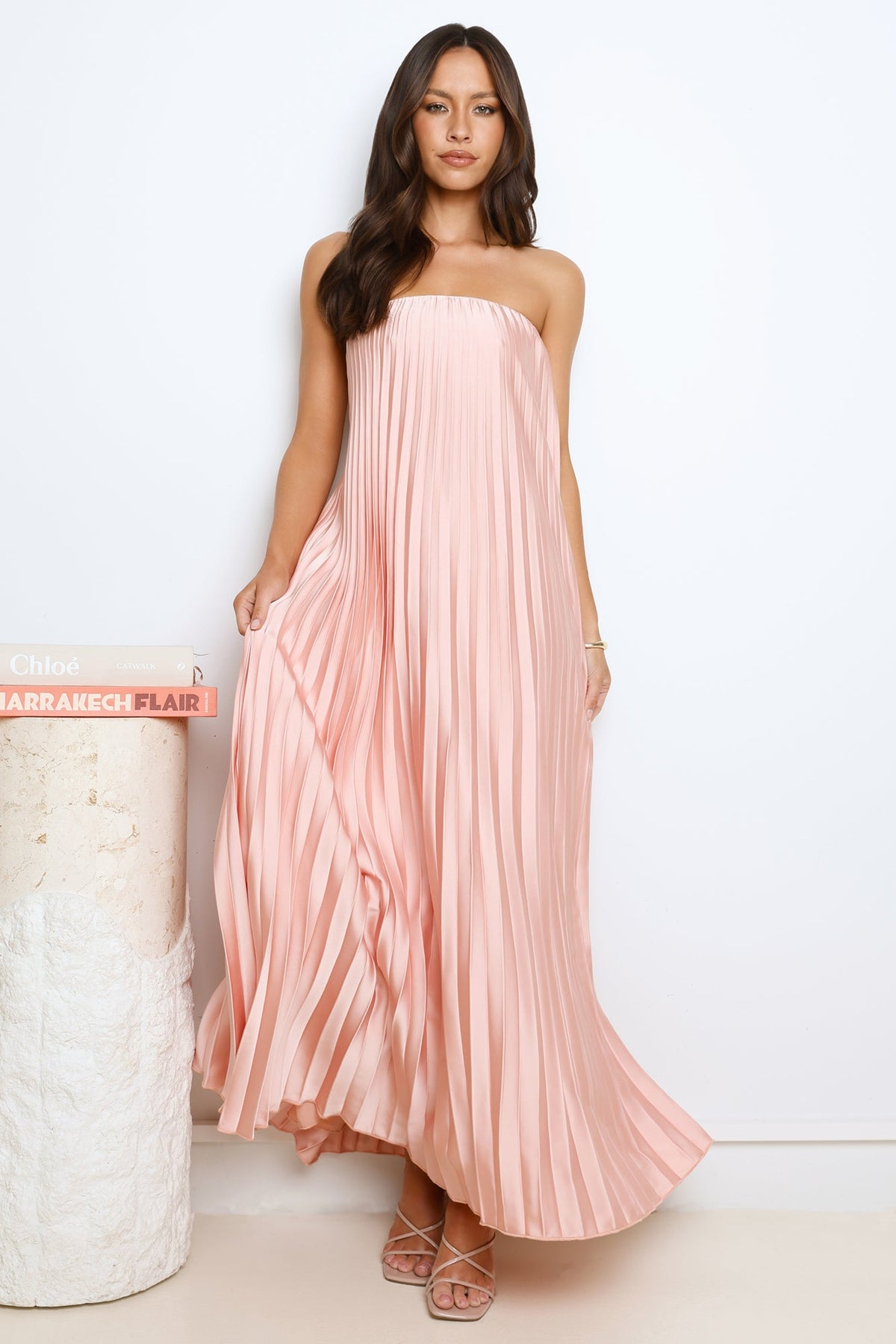 Moonlit Night Pleated Strapless Maxi Dress Pink