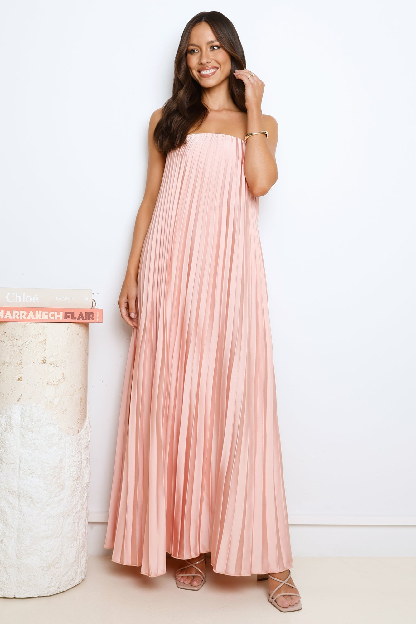 Moonlit Night Pleated Strapless Maxi Dress Pink