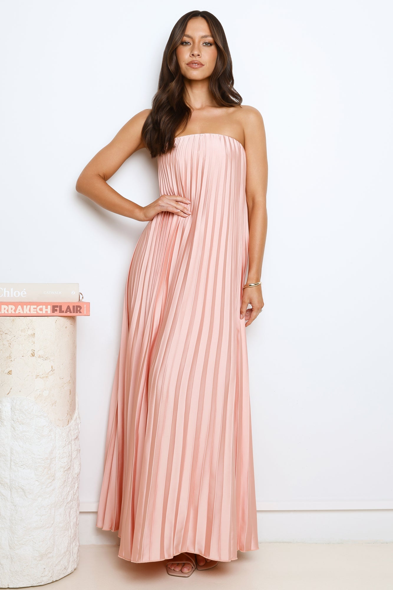 Moonlit Night Pleated Strapless Maxi Dress Pink