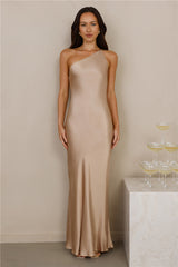The Evangeline One Shoulder Satin Maxi Dress Champagne
