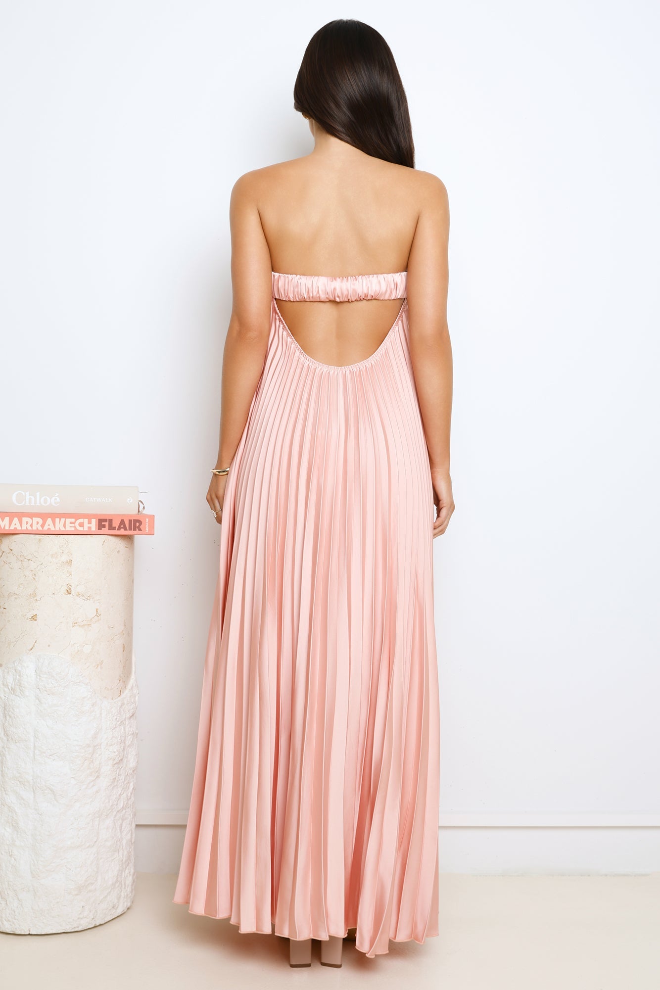 Moonlit Night Pleated Strapless Maxi Dress Pink