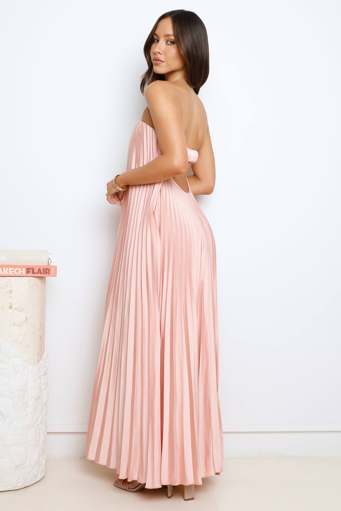 Moonlit Night Pleated Strapless Maxi Dress Pink
