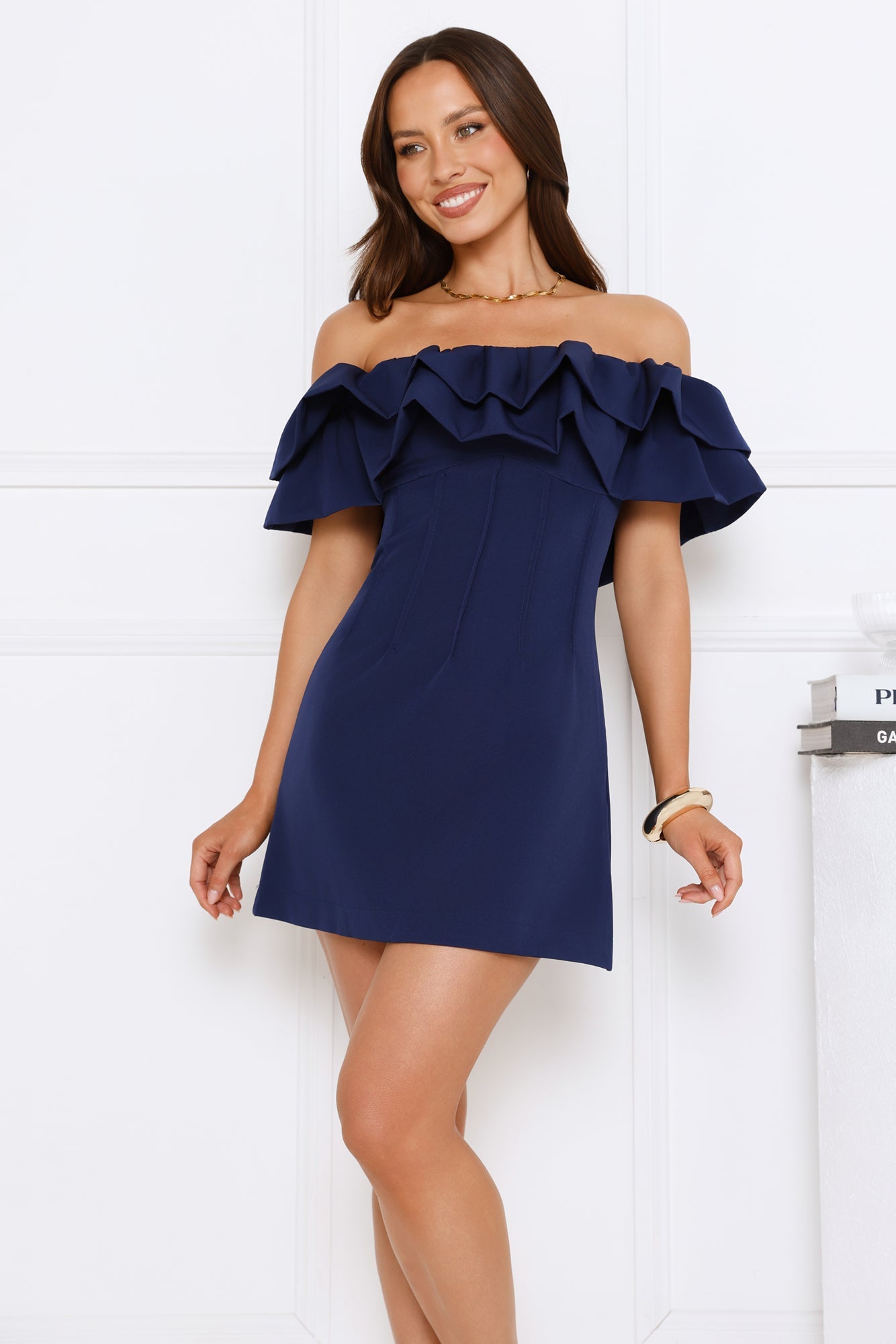 Starlit Enchant Off Shoulder Mini Dress Blue