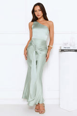 Dusk Enchantress One Shoulder Satin Maxi Dress Green