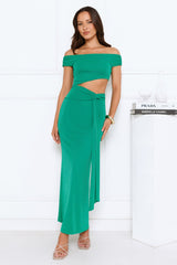 Old Love Letter Off Shoulder Maxi Dress Green