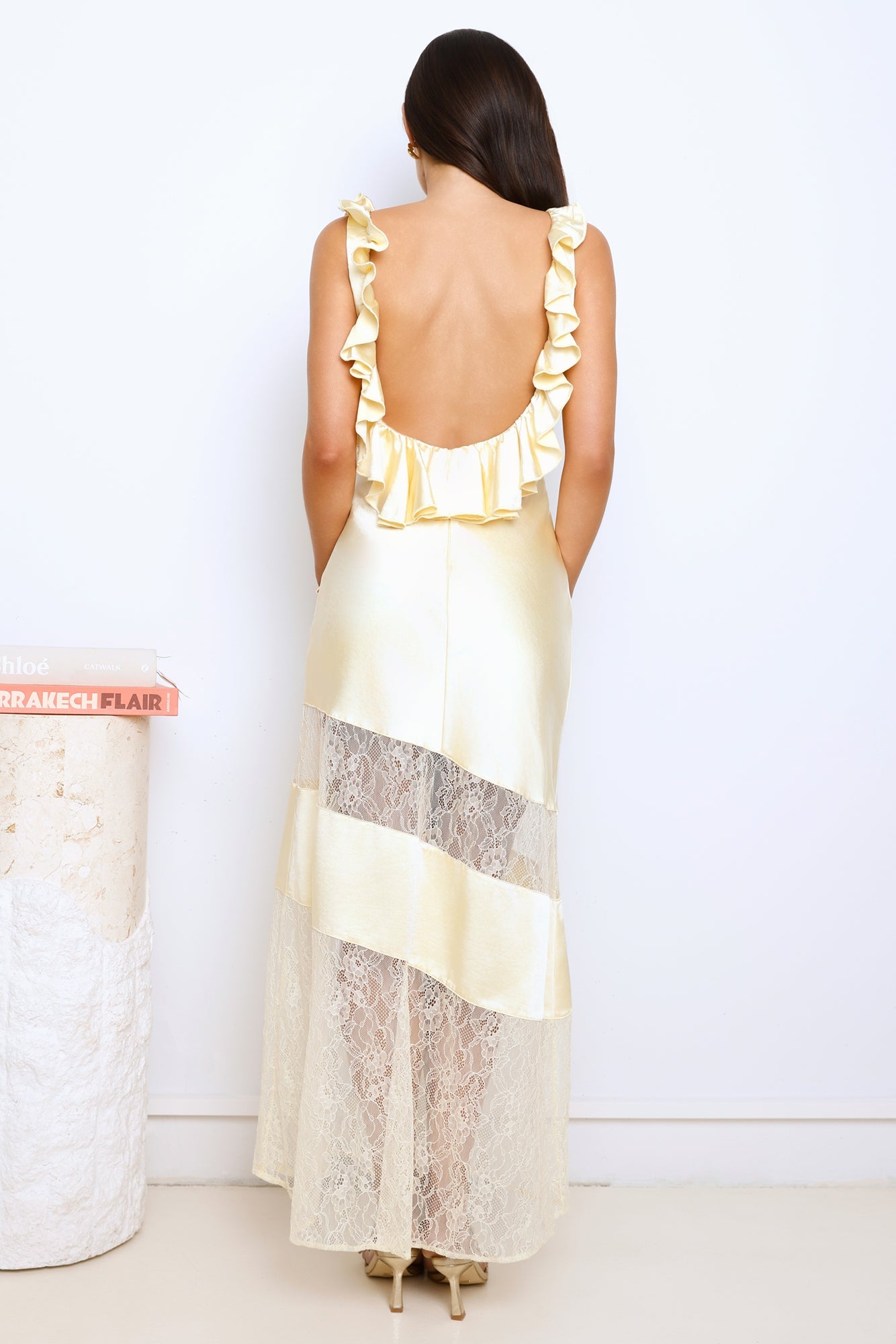 Shine Without Trying Lace Satin Maxi Dress Yellow