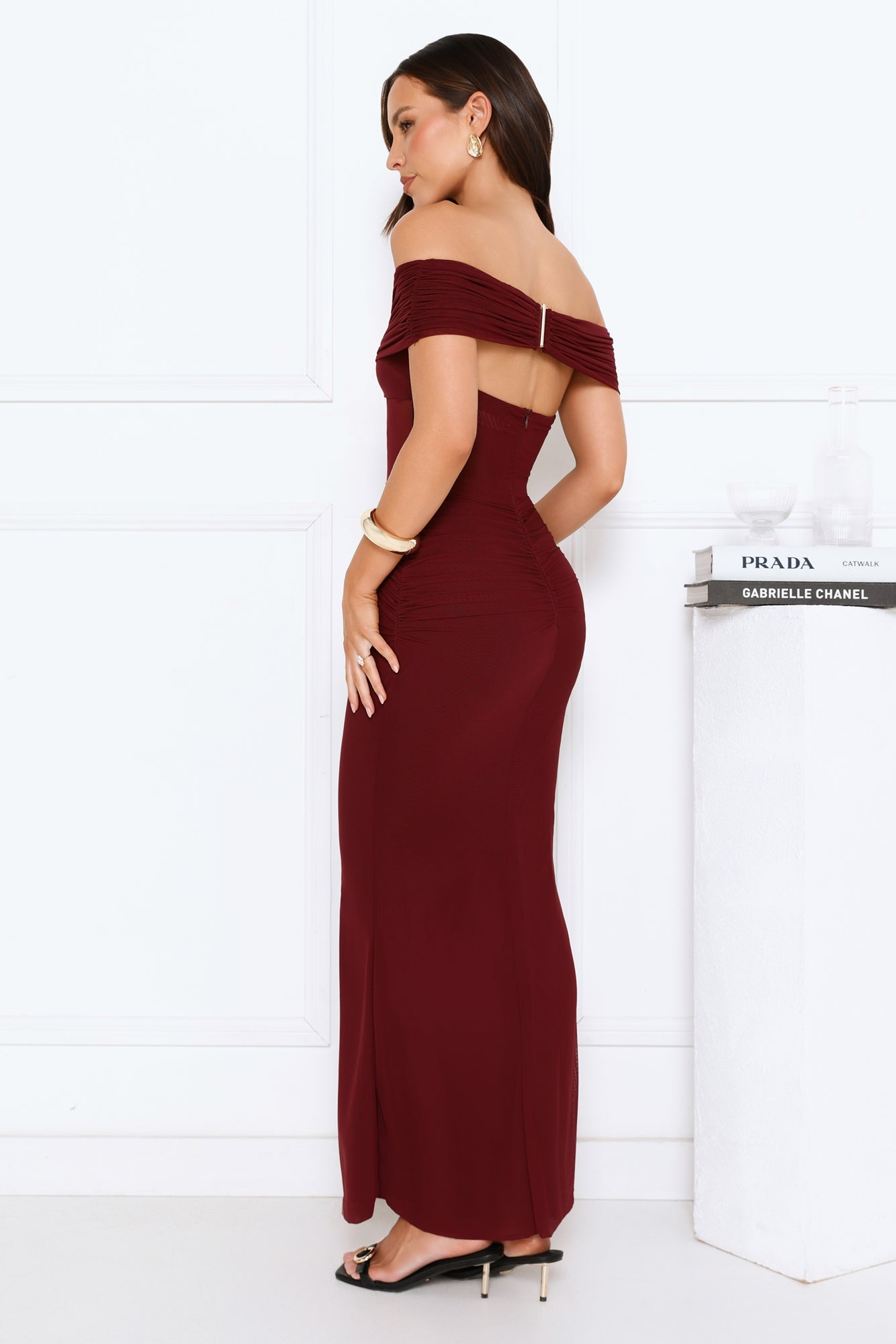 Swan Song Off Shoulder Mesh Maxi Dress Burgundy