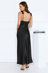 Petal Haze Satin Maxi Dress Black