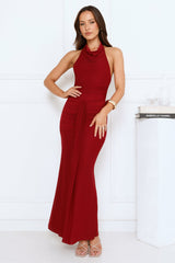 Night Tease Halter Mesh Maxi Dress Burgundy