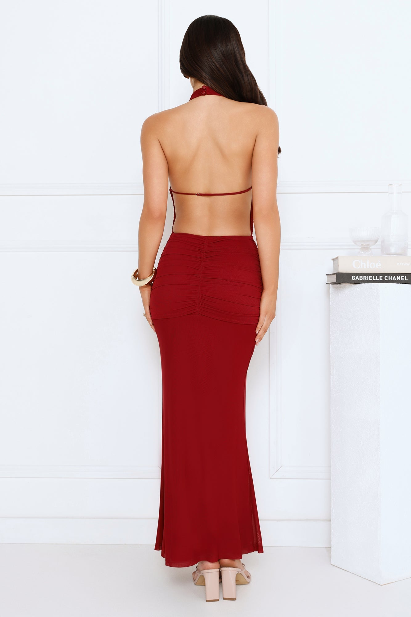 Night Tease Halter Mesh Maxi Dress Burgundy