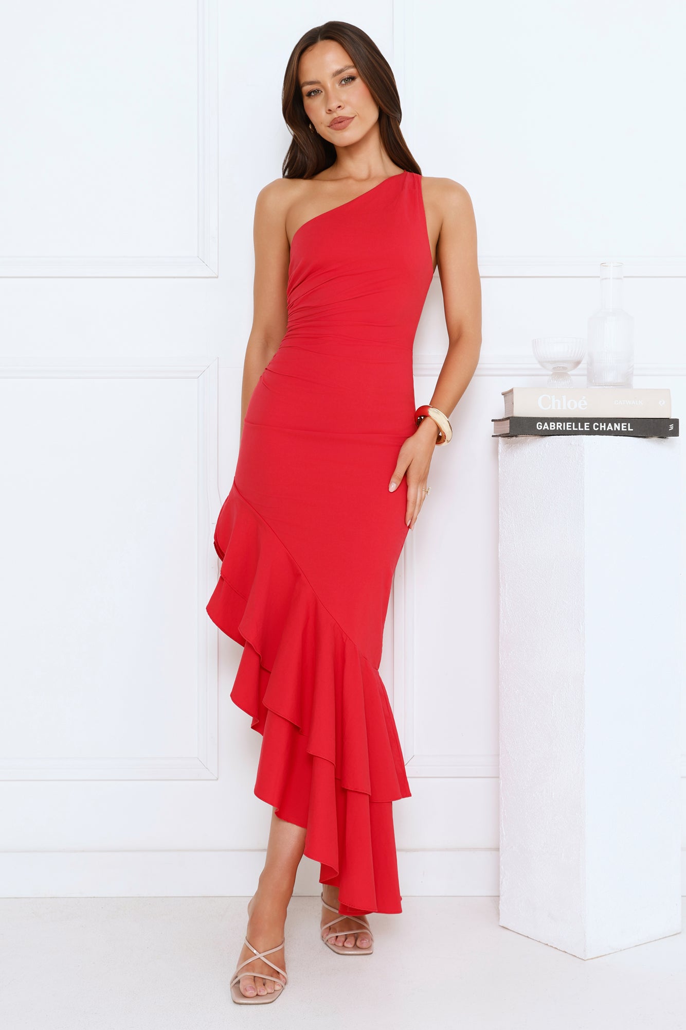 Glow Flicker One Shoulder Maxi Dress Red