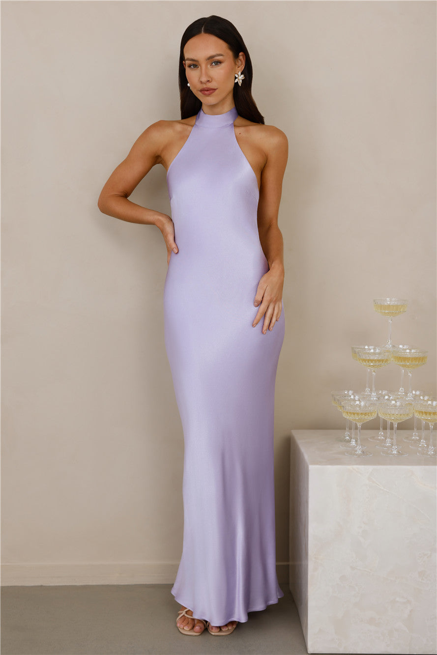 The Cleo Halter Satin Maxi Dress Lilac