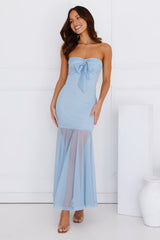 Misty Morning Magic Strapless Mesh Maxi Dress Blue