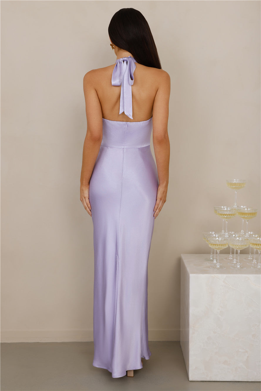 The Cleo Halter Satin Maxi Dress Lilac