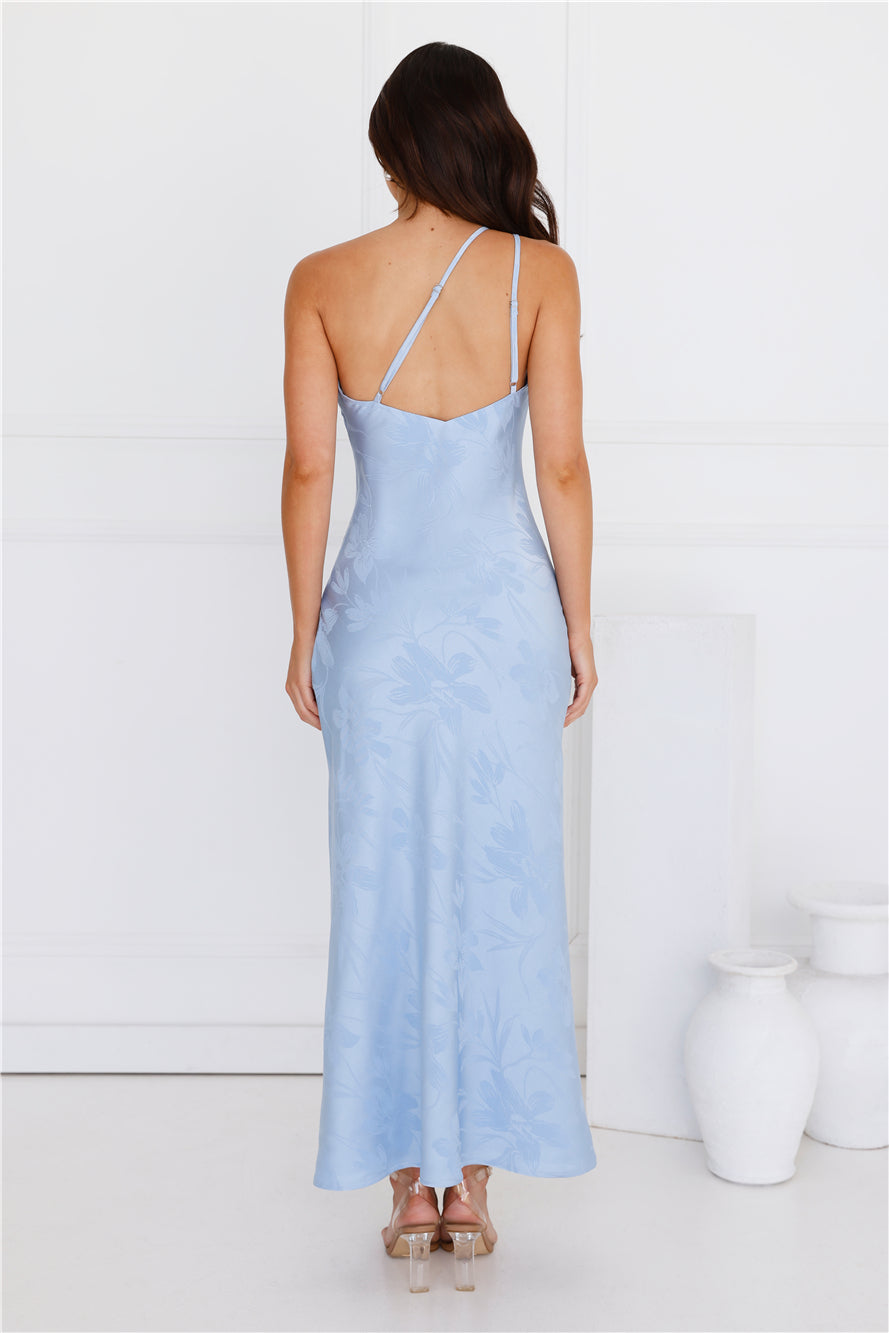 Exotic Bloom One Shoulder Satin Maxi Dress Blue