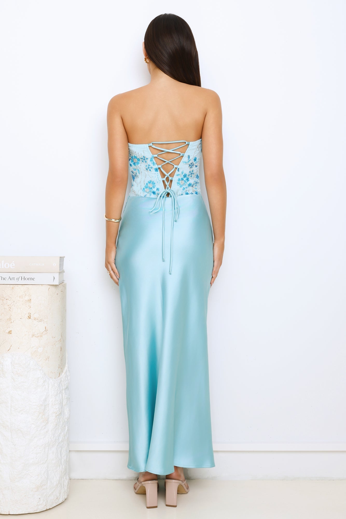 Dazzle On Demand Strapless Satin Maxi Dress Blue