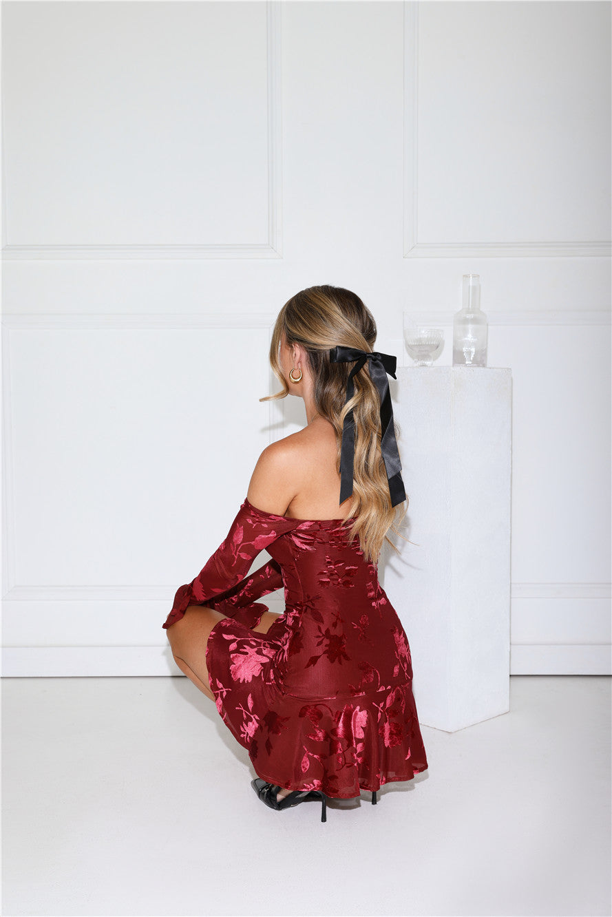 Electric Envy Off Shoulder Mini Dress Wine