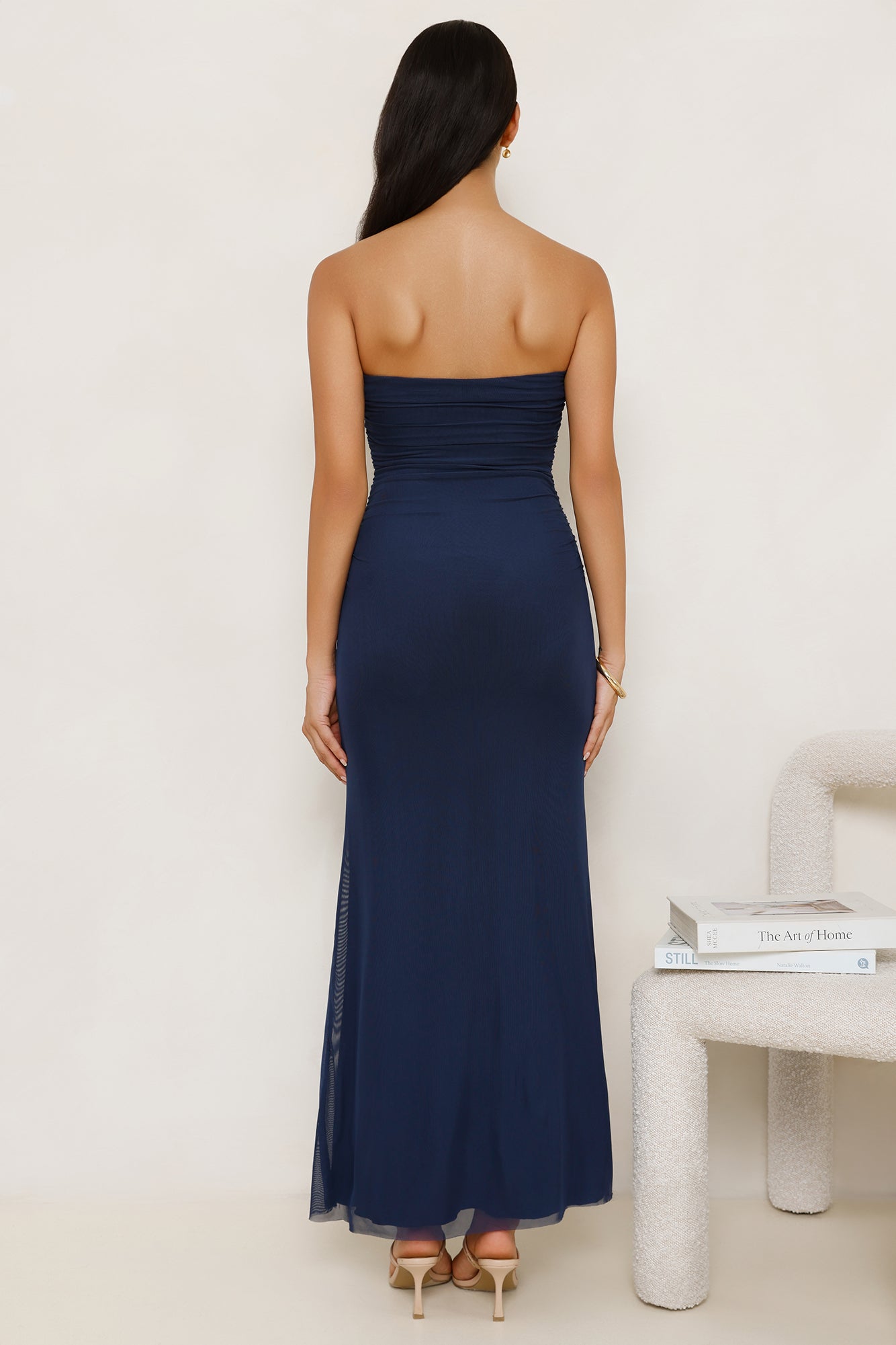 Noir Seduction Strapless Mesh Maxi Dress Navy