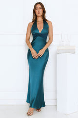 Spiced Sunset Satin Halter Maxi Dress Green