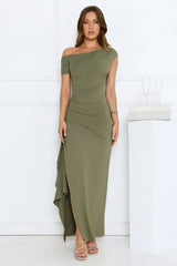 Effortlessly Irresistible Off Shoulder Maxi Dress Green