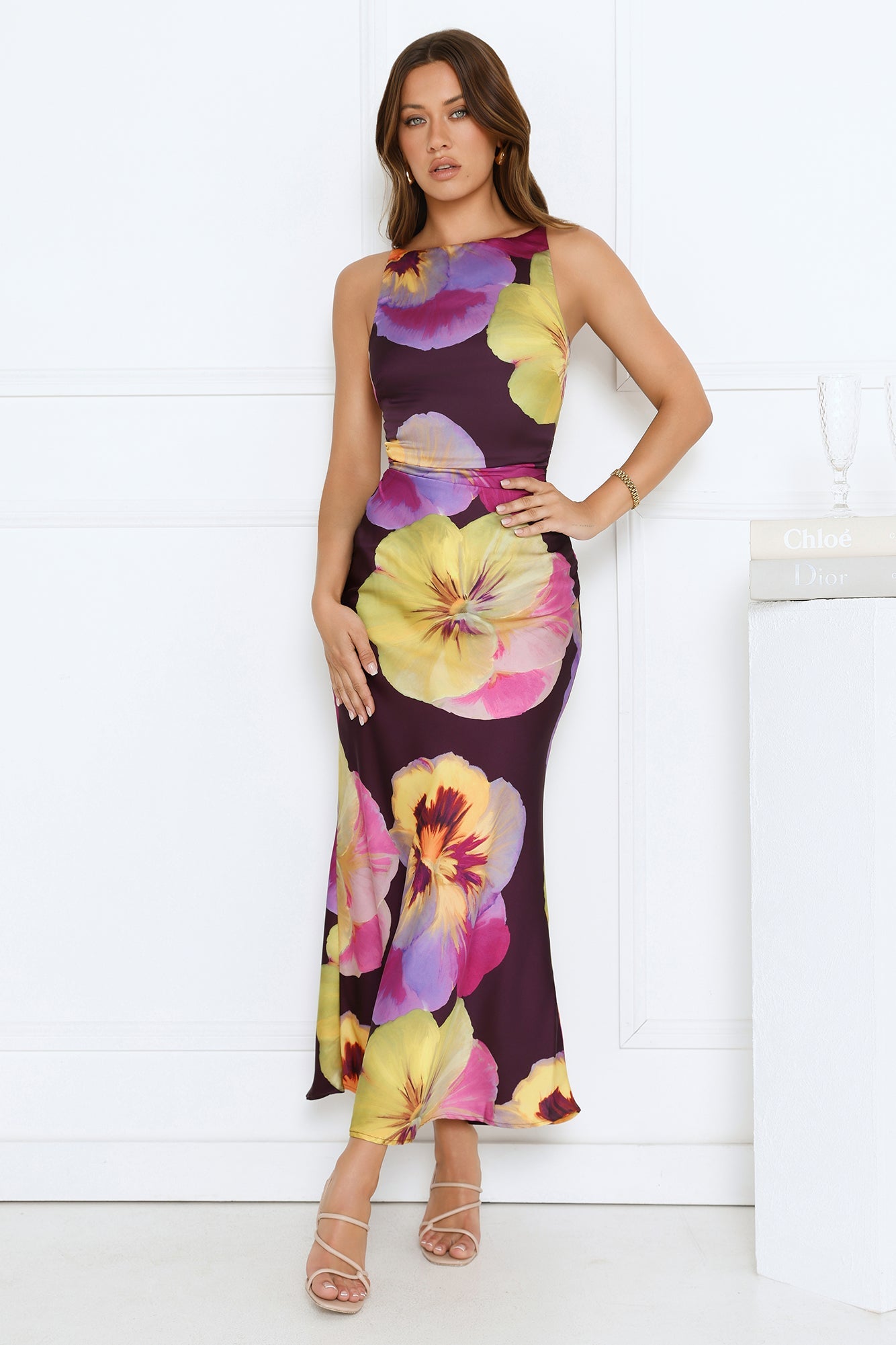 Sunflower Soirée Satin Maxi Dress Purple