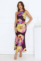 Sunflower Soirée Satin Maxi Dress Purple