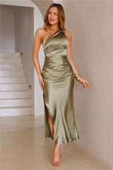 Luxe Charm One Shoulder Satin Maxi Dress Olive