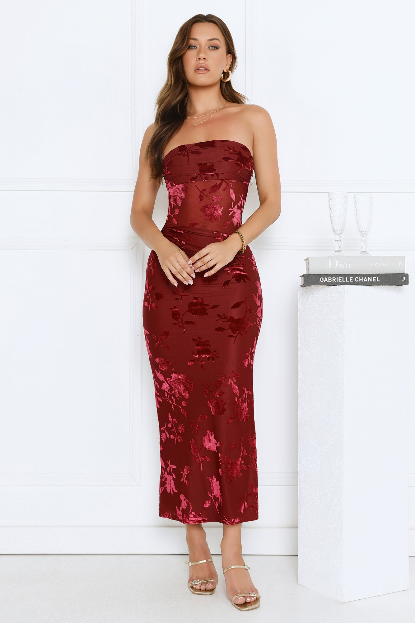 Style Too Good Strapless Mesh Maxi Dress Burgundy