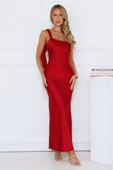 Romantic Tales Satin One Shoulder Maxi Dress Red