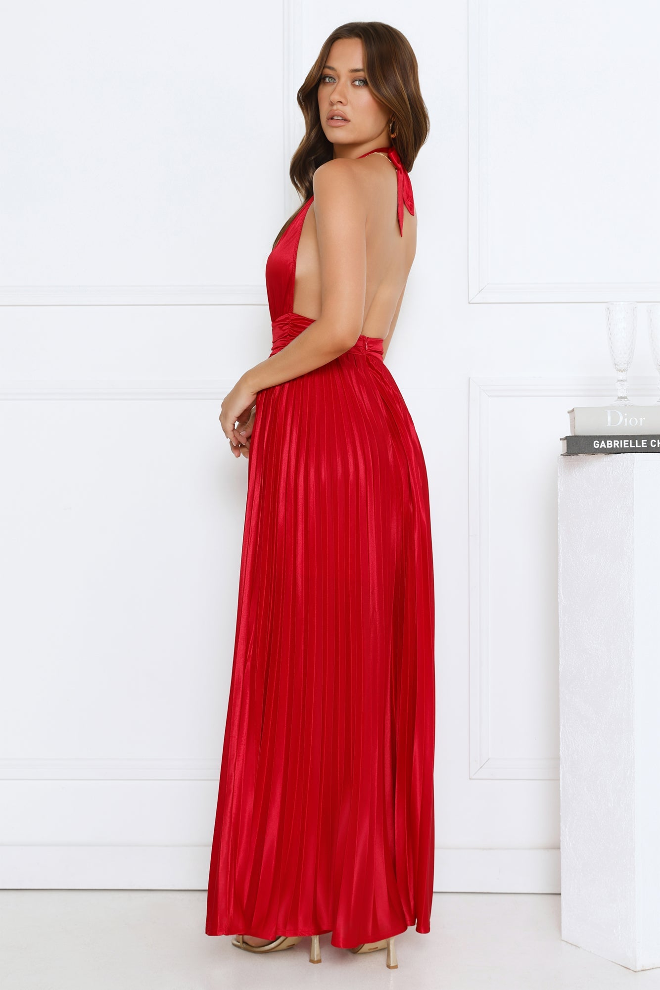 Shimmering Sea Pleated Halter Maxi Dress Red